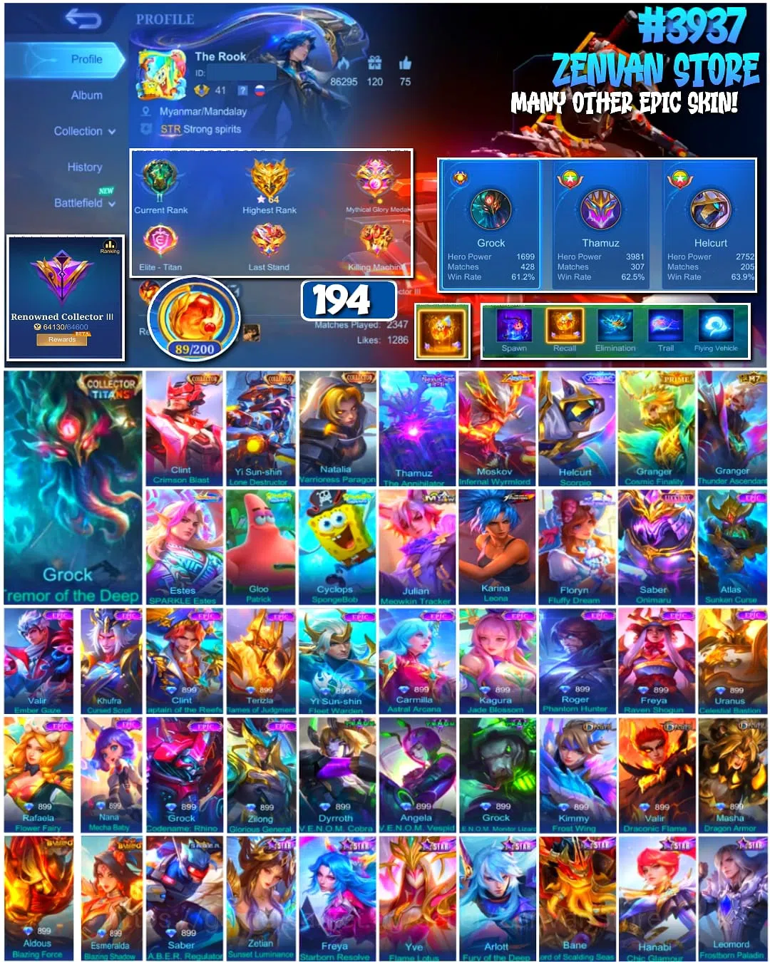 Mobile Legends: Bang Bang Accounts #3937 | 194 Skins | Collector Grock, Clint, Yi Sun-shin & Natalia | KoF Karina | Prime 1