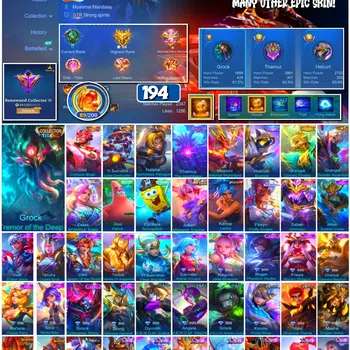 Mobile Legends: Bang Bang Accounts #3937 | 194 Skins | Collector Grock, Clint, Yi Sun-shin & Natalia | KoF Karina | Prime