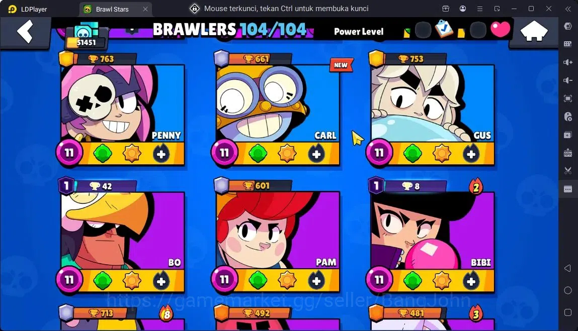 Brawl Stars Accounts Global |Trophy 51451|104 Brawler|41 Max Hypercharge|Skins 7 Mythic,11 Legend,3 Hyper|4605 Bling|Protect 12