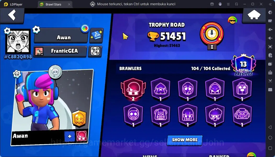Brawl Stars Accounts Global |Trophy 51451|104 Brawler|41 Max Hypercharge|Skins 7 Mythic,11 Legend,3 Hyper|4605 Bling|Protect 2