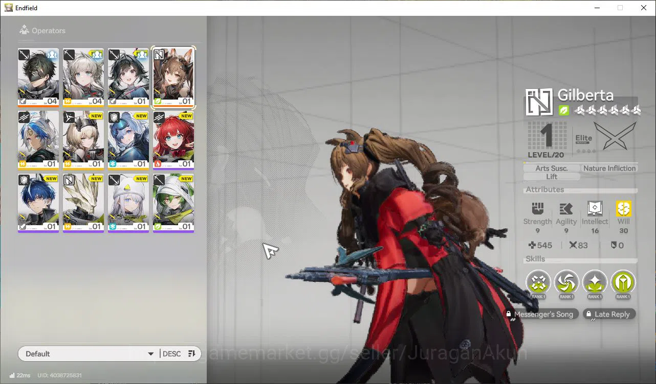 Asia Lv2|Starter| 1SSR (Gilberta)+5SR Operators|3 5* Wp|Male Mc|GrypLink|Take Mail|Check SS (END1174) Arknights: Endfield Accounts Asia Lv2|Starter| 1SSR (Gilberta)+5SR Operators|3 image 1