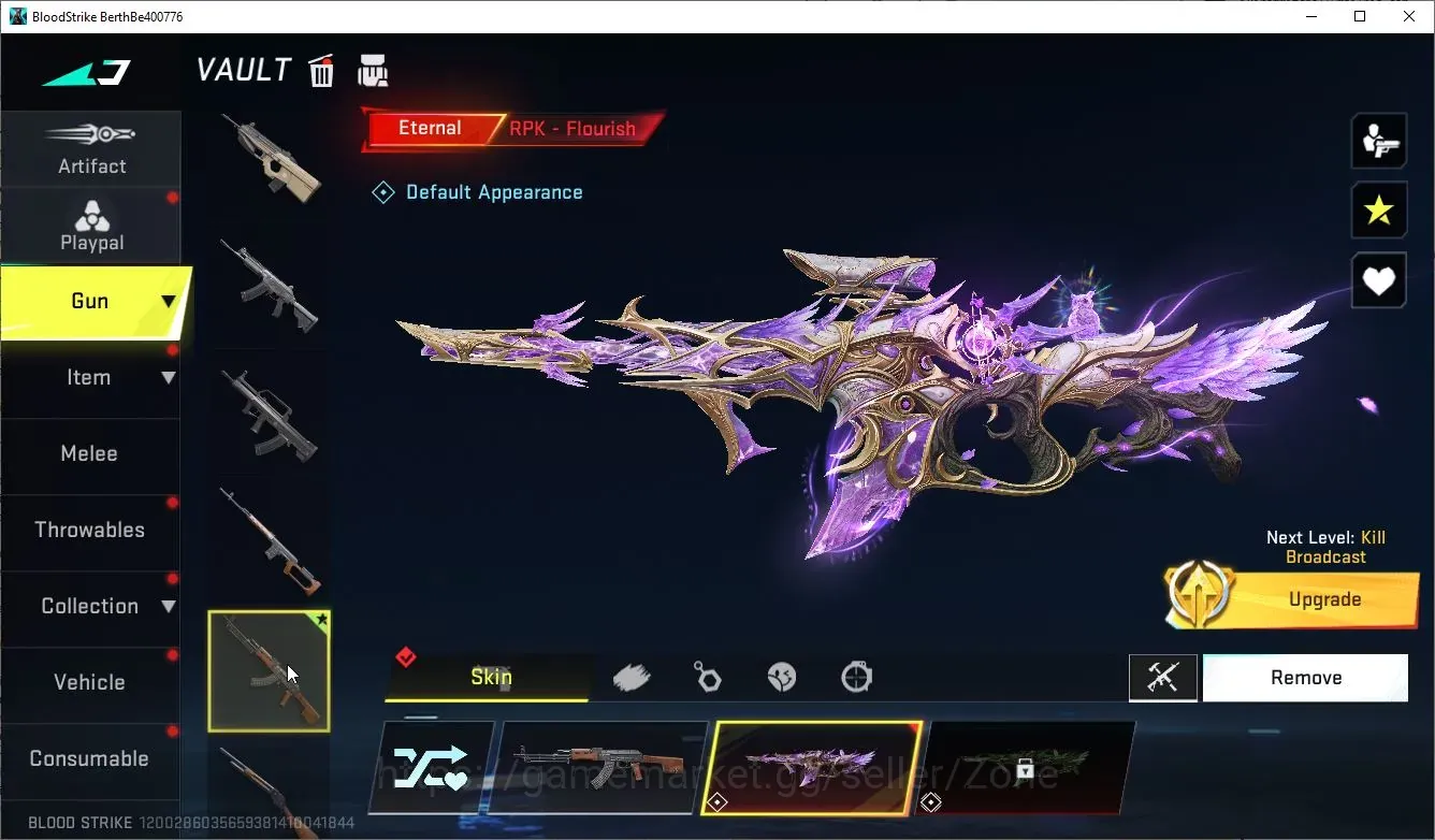 Blood Strike Accounts Starter ASIA Starter|1 ETERNAL: RPK-Flourish Lv2|1 LEGENDARY Gun|Rename Card|Check 1
