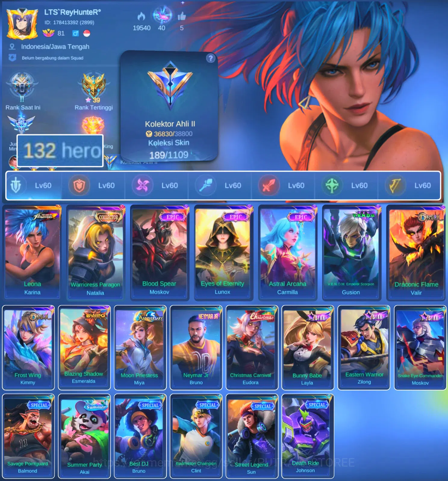 Mobile Legends: Bang Bang Accounts HERO 132 SKIN 189 | EMBLEM ALL MAX| COLECTOR NATAL image 1