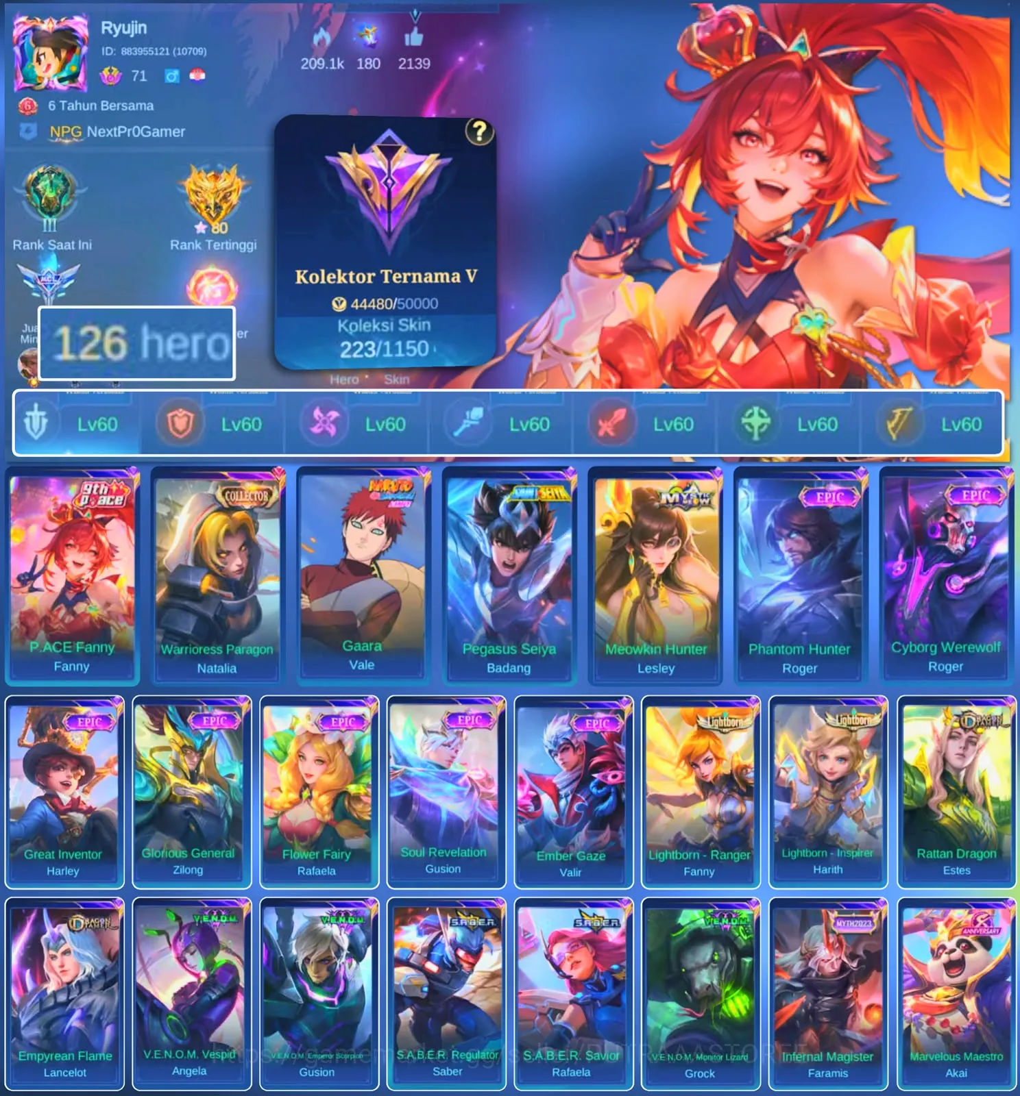 Mobile Legends: Bang Bang Accounts Others HERO 126 SKIN 233 | EMBLEM ALL MAX | COLECTOR NATALIA| VALE GARA| PACE FANNY| EPIC 1