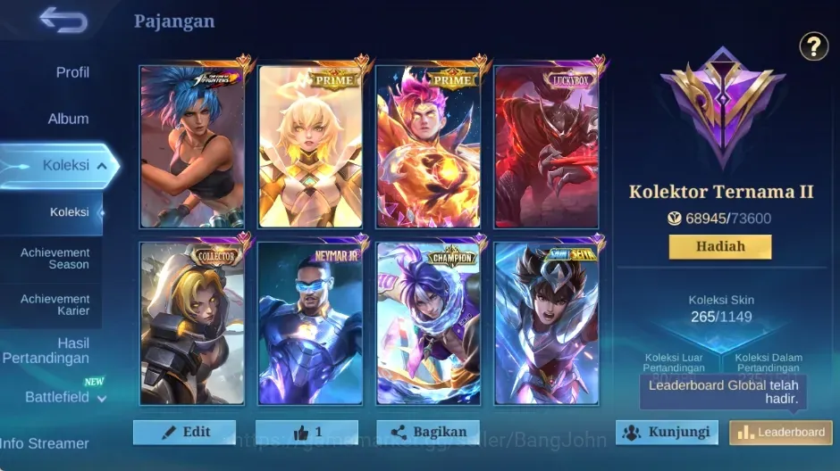 Mobile Legends: Bang Bang Accounts Collector Global|265S|Renowned|PRIME Beatrix Claude,LuckyBox Hayabusa,CC natalia,KOF 1