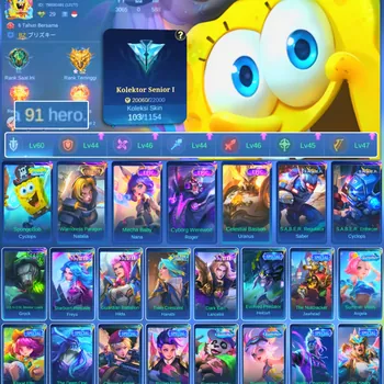 Mobile Legends: Bang Bang Accounts Others HERO 91 SKIN 103 | EMBLEM GOOD| COLECTOR NATALIA| CYPLOPS SPOBENGEBOB| EPIC NANA