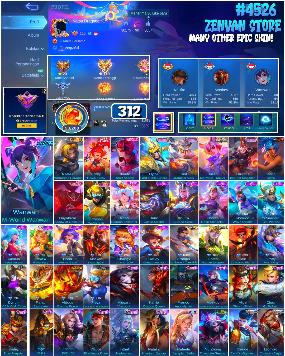 Mobile Legends: Bang Bang Accounts #4526 312 Skins | Karina Leona (KOF) | Natalia Warrioress Paragon (COLLECTOR) | Pharsa 1