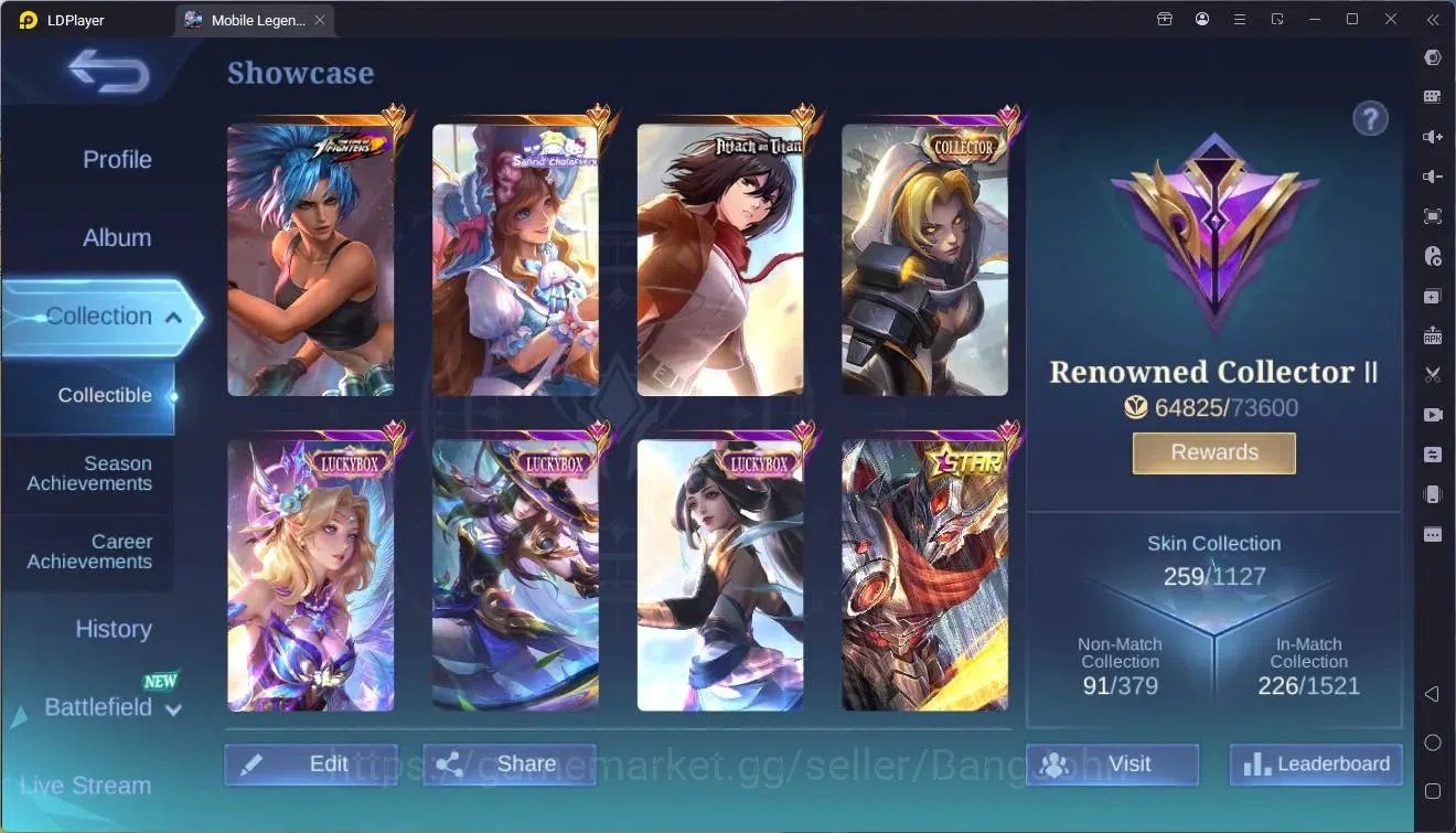 Mobile Legends: Bang Bang Accounts Collector Global |Hero 132|Skin 259|Renowned|KOF Karina|Sanrio Floryn|AOT Fanny|CC 2