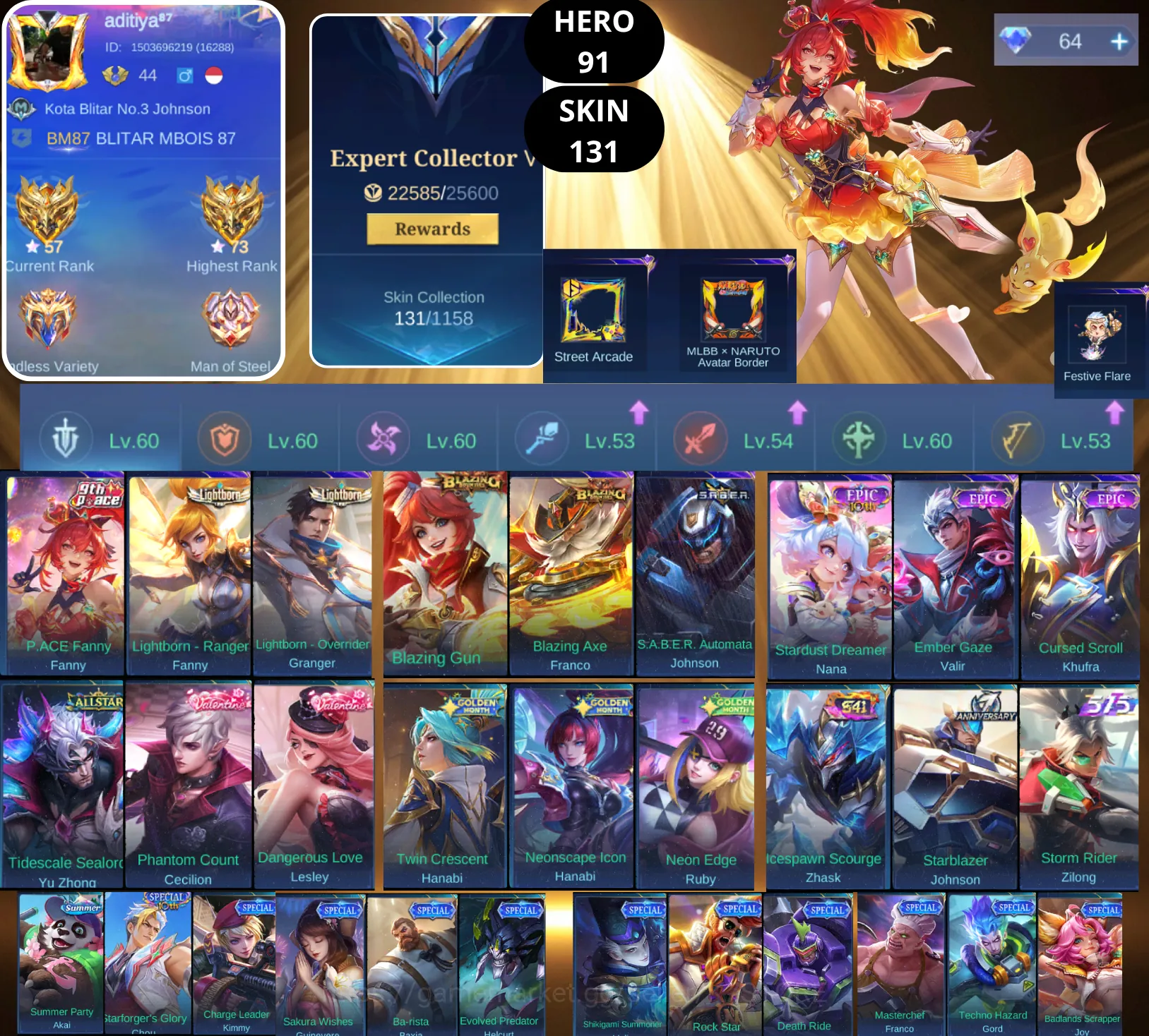 Mobile Legends: Bang Bang Accounts Smurf BEST OFFER | HERO 91 | SKIN 131 | FANNY P.ACE | 2X LIGHTBORN | 2X BLAZING | JOHNSON 1