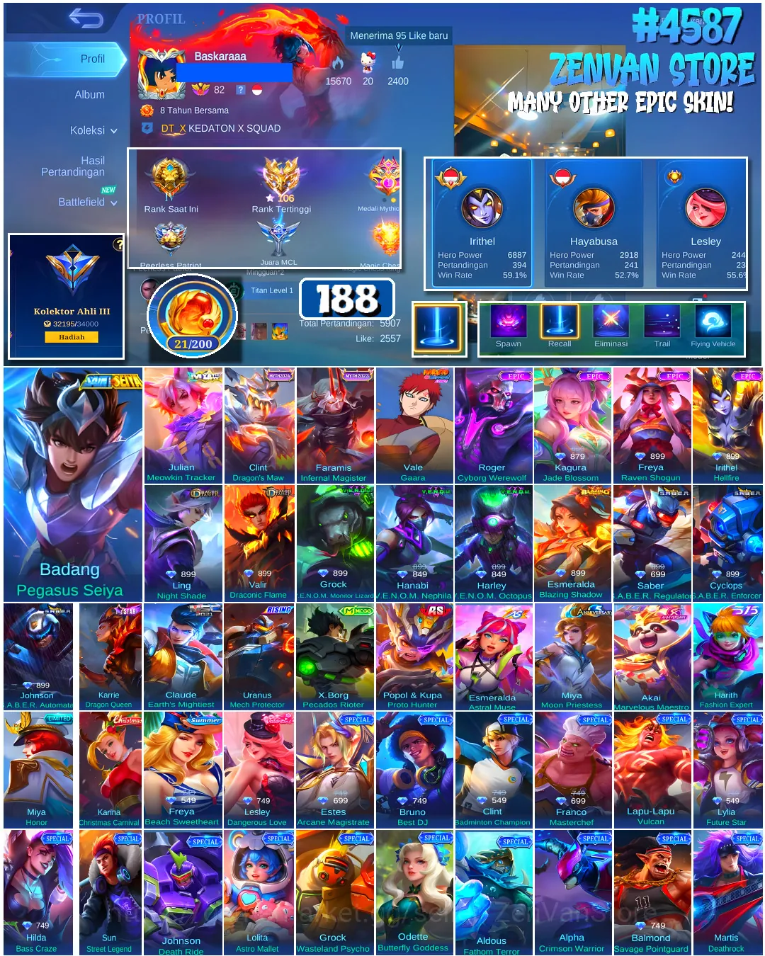 Mobile Legends: Bang Bang Accounts #4587 188 Skins | Badang Pegasus Seiya (SAINT SEIYA) | Vale Gaara (NARUTO) | Freya Raven 1