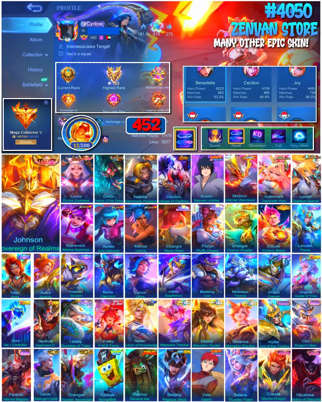 Mobile Legends: Bang Bang Accounts ๐ฅ #4050 ๐ฅ 452 Skins ๐ Mega Collector V ๐ Legend Johnson Sovereign โ๏ธ Sasuke Uchiha 1