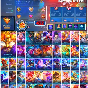 Mobile Legends: Bang Bang Accounts 🔥 #4050 🔥 452 Skins 💎 Mega Collector V 👑 Legend Johnson Sovereign ⚔️ Sasuke Uchiha