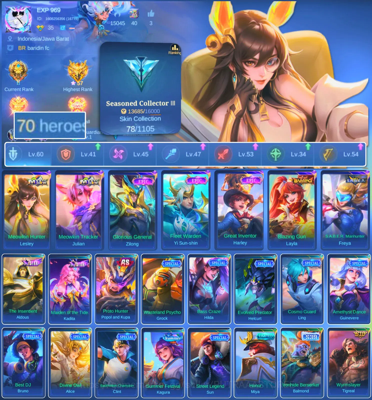 Mobile Legends: Bang Bang Accounts HERO 70 SKIN 78 | EMBLEM GOOD| EPIC YSS | EPIC HER image 1