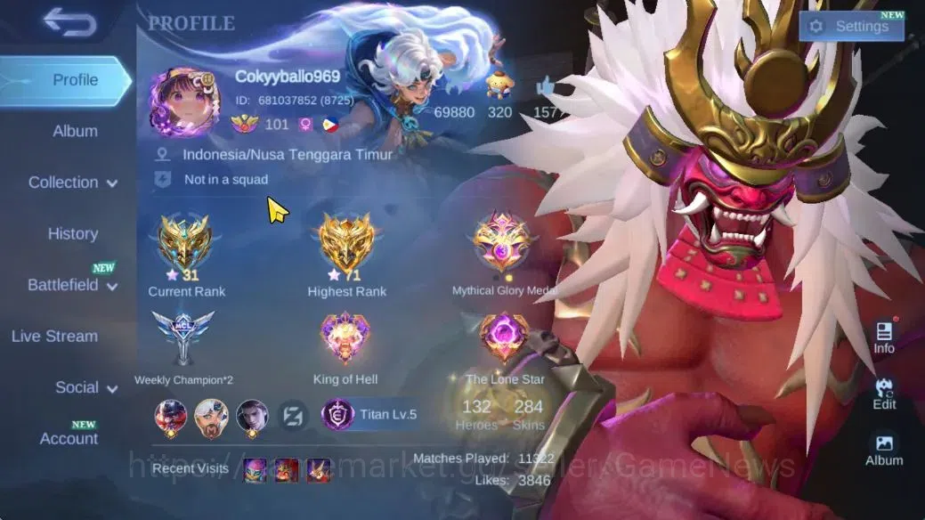 Mobile Legends: Bang Bang Accounts Hero 132|Skin 284|Legend Franco,KungFu Thamuz,Prim image 1