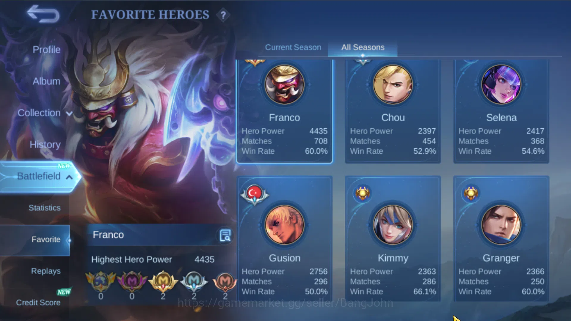Mobile Legends: Bang Bang Accounts Mega Collector | Hero 131 , Skin 481 | Legend Fran image 4