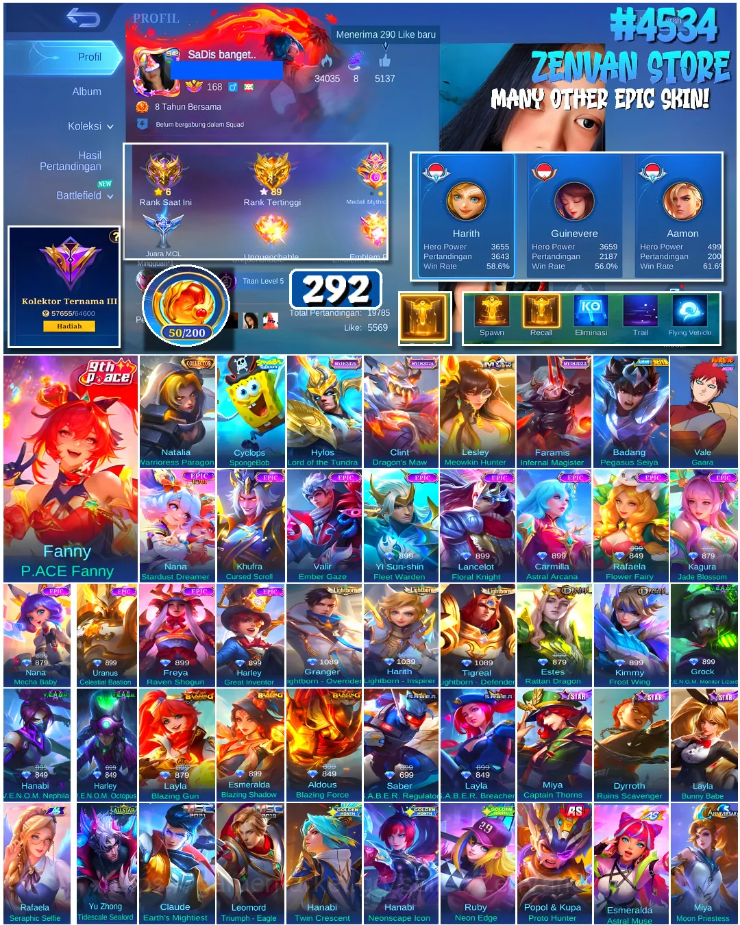 Mobile Legends: Bang Bang Accounts #4534 292 Skins | Fanny P.ACE Fanny (P.ACE) | Badang Pegasus Seiya (SAINT SEIYA 1