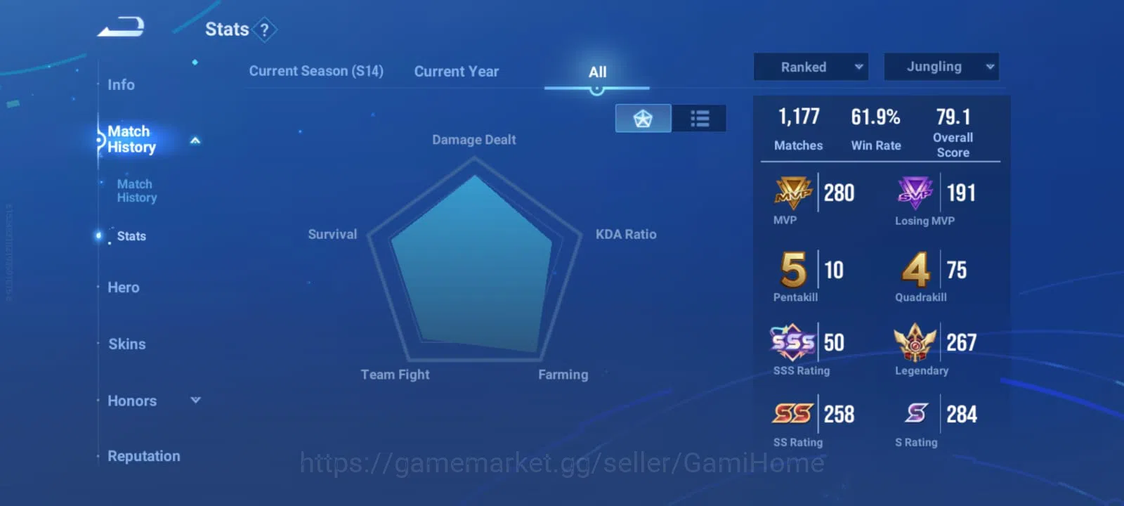 Honor of Kings Accounts JUNGLING TIER 50 + CLASH LANE TIER 57 ➤ RANK: LEGE image 2