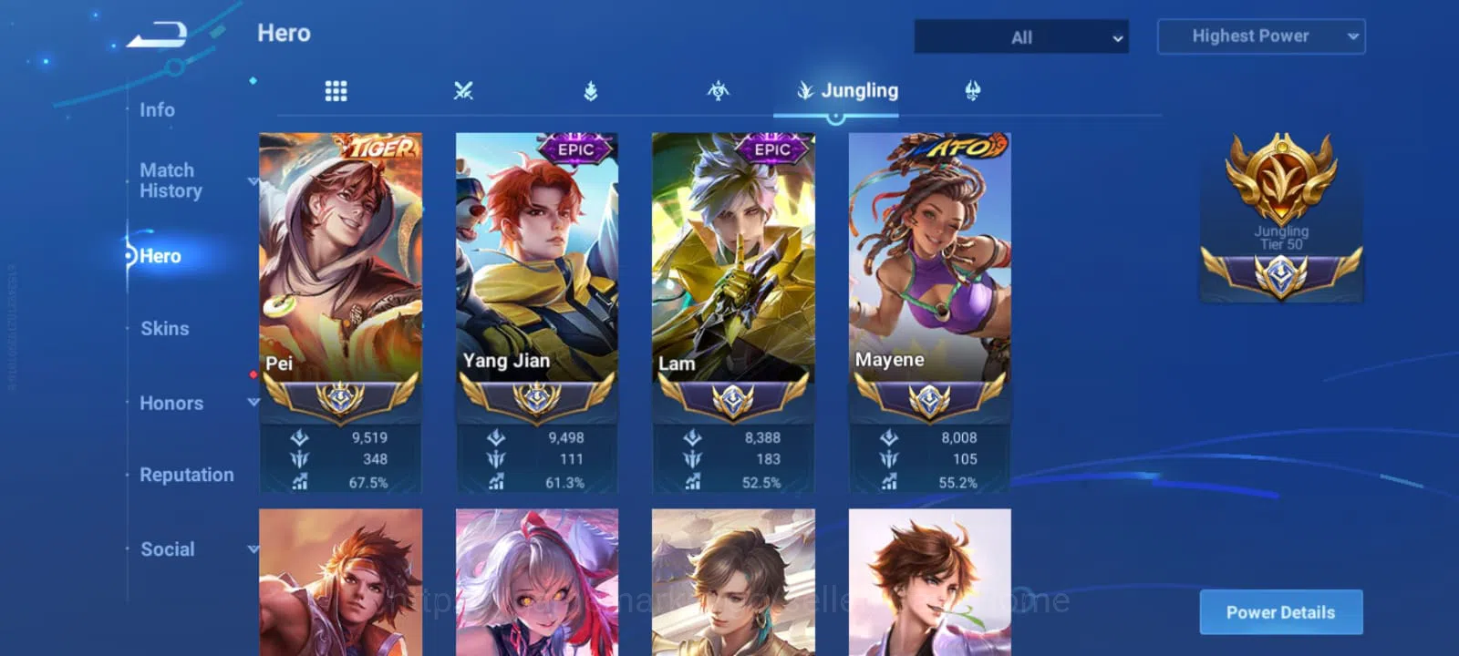 Honor of Kings Accounts JUNGLING TIER 50 + CLASH LANE TIER 57 ➤ RANK: LEGE image 6