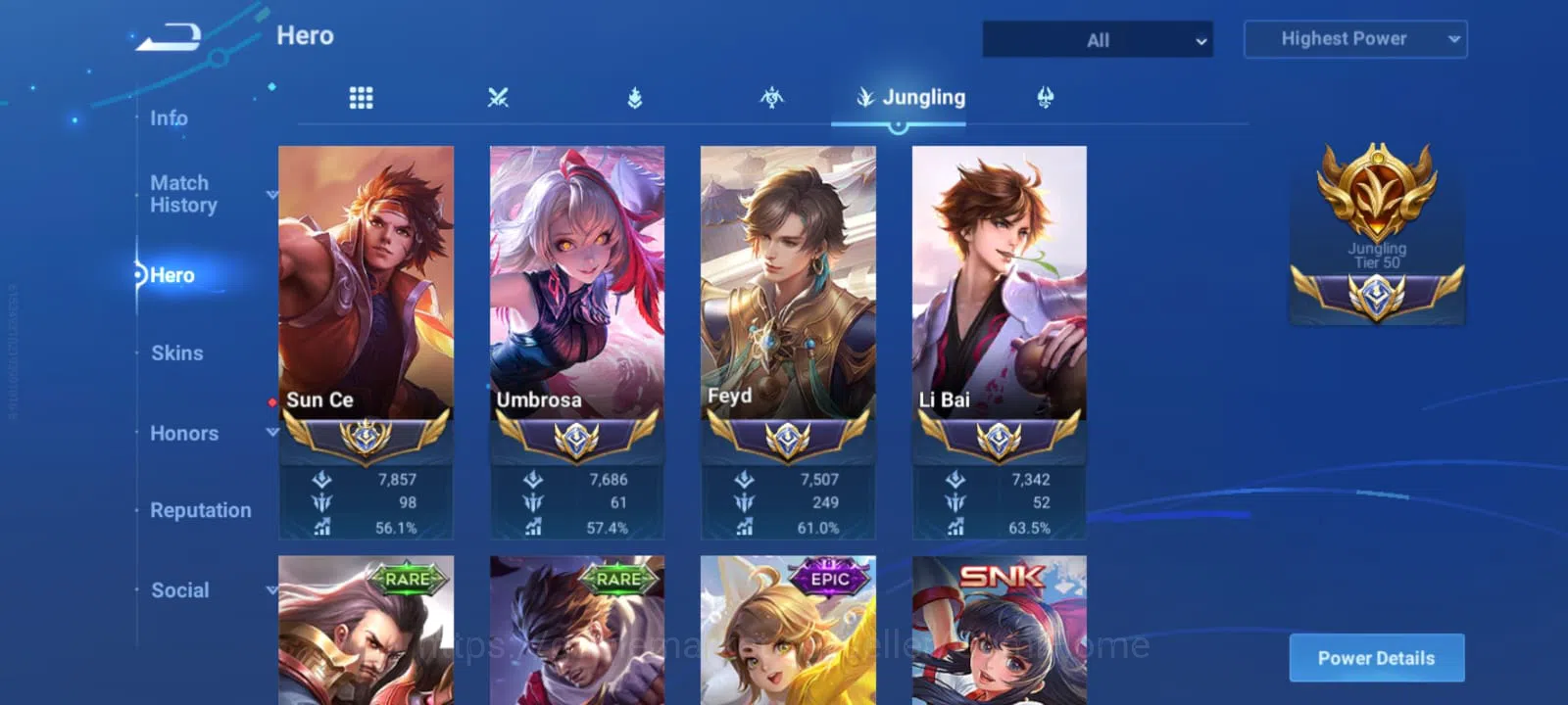Honor of Kings Accounts JUNGLING TIER 50 + CLASH LANE TIER 57 ➤ RANK: LEGE image 8