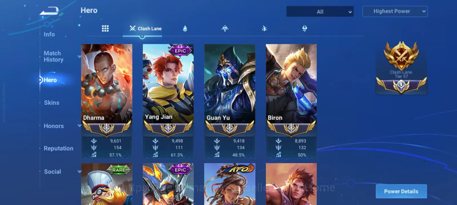Honor of Kings Accounts JUNGLING TIER 50 + CLASH LANE TIER 57 ➤ RANK: LEGE image 9
