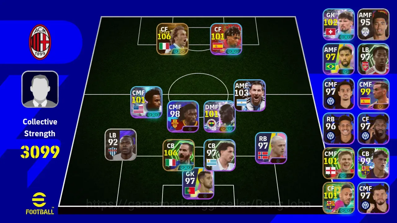 eFootball Accounts High-End Mobile |PW 3099|BIGT DelPiero,Epic Bonucci Gerrard MarcoReus,Shwt Kante Yamal Mckennie,etc|Coach 1