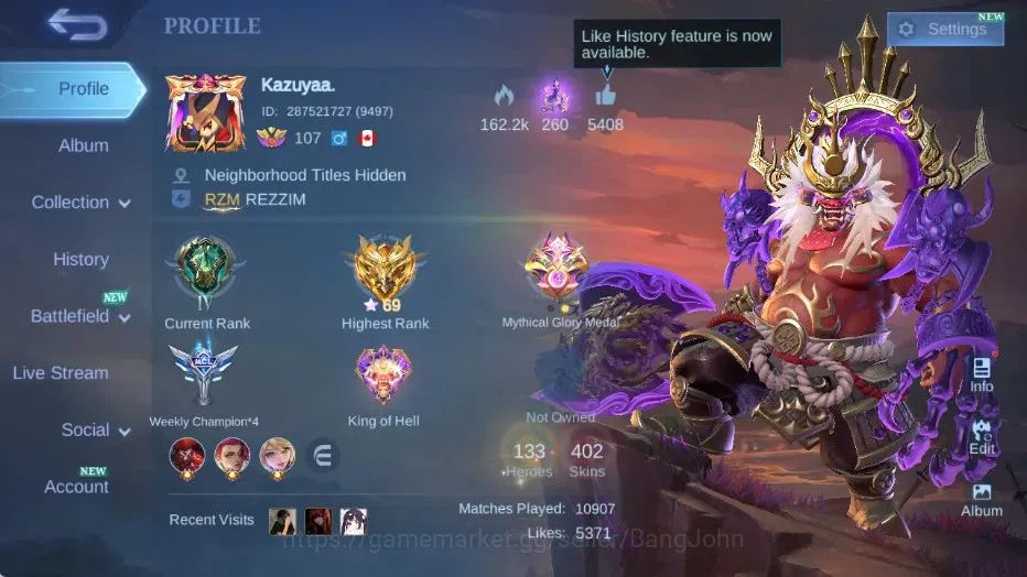 Mobile Legends: Bang Bang Accounts Collector Global |Hero 133|Skin 402|Exalted|Legend Franco|NEO Brody|KOF Masha|Prime 1