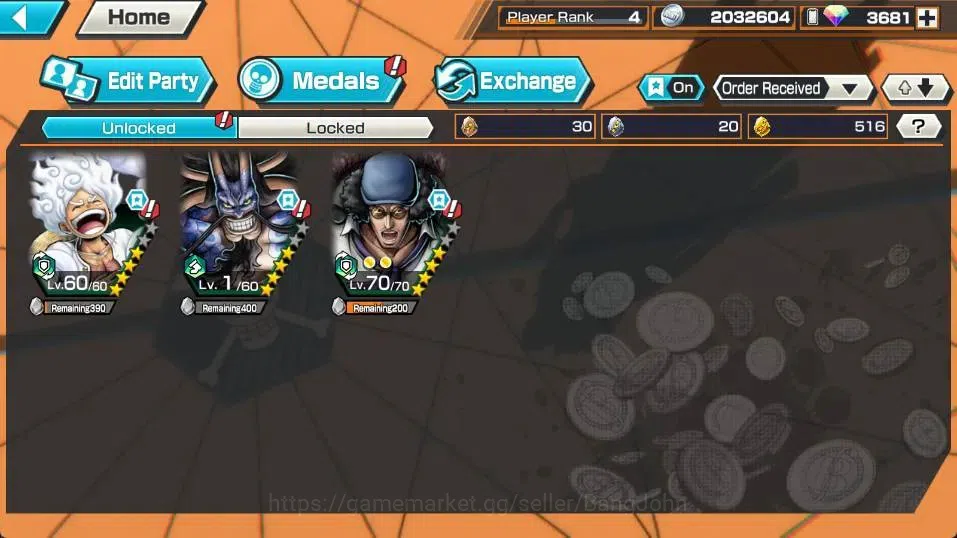 One Piece Bounty Rush Accounts High-End Global | EX 3 | PR 4 | Monkey D. Luffy Lv.60/60,Kaido Lv.1/60,Kuzan Lv.70/70 | RD 4
