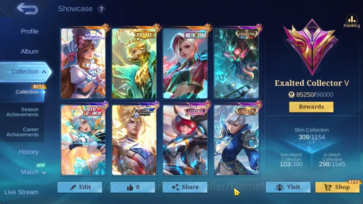 Mobile Legends: Bang Bang Accounts Collector Hero 133|Skin 309|High Immo 120|Metro Zero Ixia,Prime Granger,CC Titan Grock,CC 1