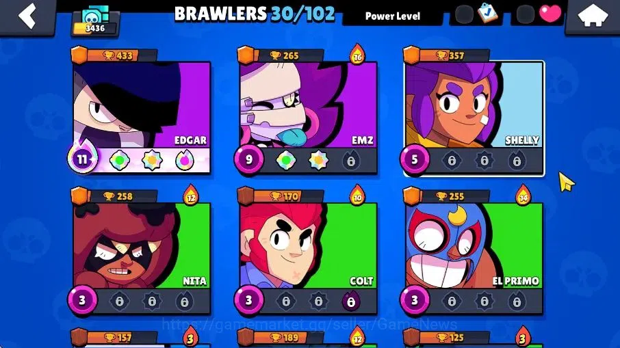 Brawl Stars Accounts 3436 Trophy|30 Brawlers 1Max Brawlers [Edgar] |11 Skins|2 Rare Skins|3,8K Bling|9,3K Coins|CN ON|Take 5