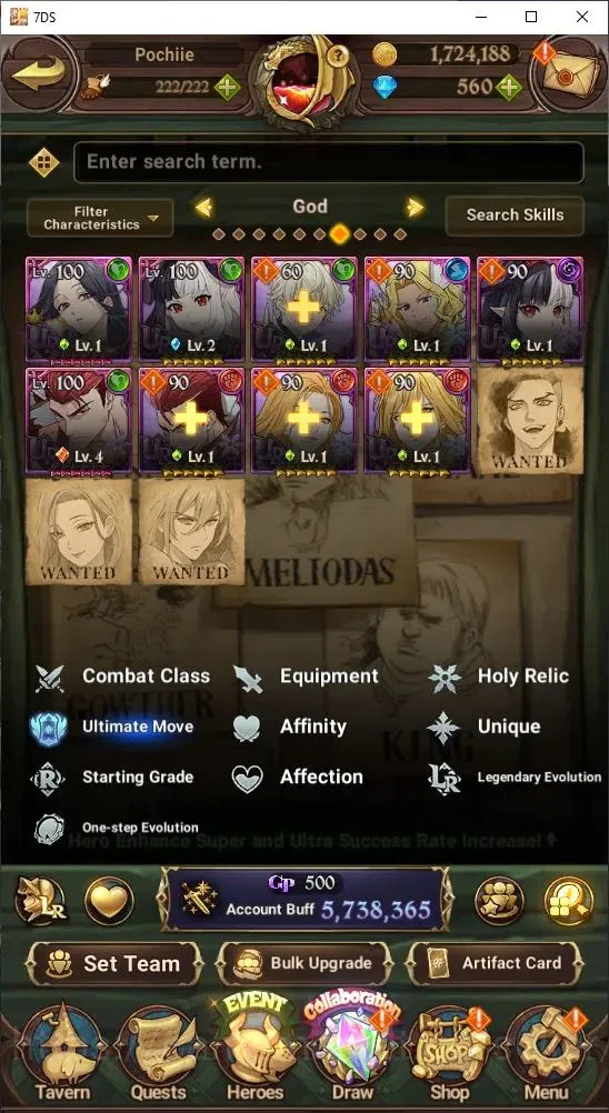 The Seven Deadly Sins: Grand Cross Accounts Others GLOBAL|1,724,188 Power | 560 Diamonds | LR: Rem, Emilia | UR: Mael 13