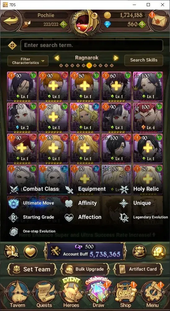 The Seven Deadly Sins: Grand Cross Accounts Others GLOBAL|1,724,188 Power | 560 Diamonds | LR: Rem, Emilia | UR: Mael 14