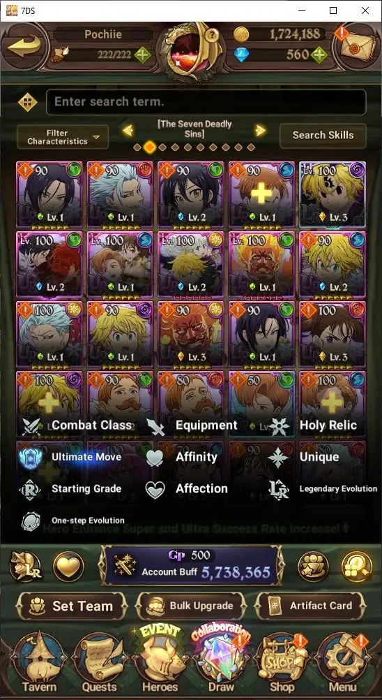 The Seven Deadly Sins: Grand Cross Accounts Others GLOBAL|1,724,188 Power | 560 Diamonds | LR: Rem, Emilia | UR: Mael 18