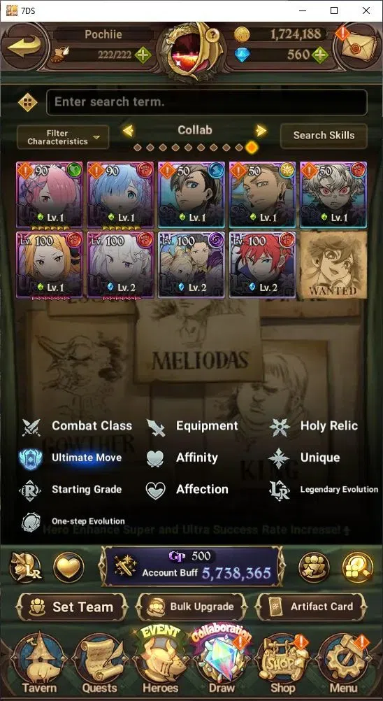 The Seven Deadly Sins: Grand Cross Accounts Others GLOBAL|1,724,188 Power | 560 Diamonds | LR: Rem, Emilia | UR: Mael 19