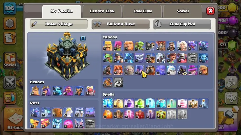 Clash of Clans Accounts High-End TH 17-BH 7|LVL 106|BK36,AQ34,MP9,GW19,RC13,DD4|HH11|BM 9|1 Legendary & 1 Gold Skin||5K 1