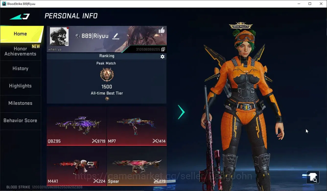 Blood Strike Accounts Collab Skin Asia|2 Eternal Guns:MP7-Tidesong Lv2,QBZ95-Wishper Lv2|1 Collab Gun & Striker AOT S2|Epic 1