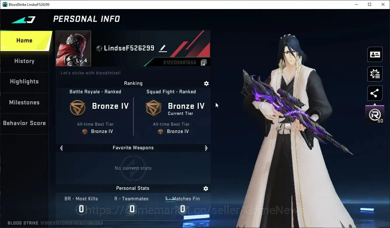Blood Strike Accounts Collab Skin ASIA| ETERNAL Kala-Whisper Lv2 |Collab BLEACH Ethan-Byakuya | Legendary 2