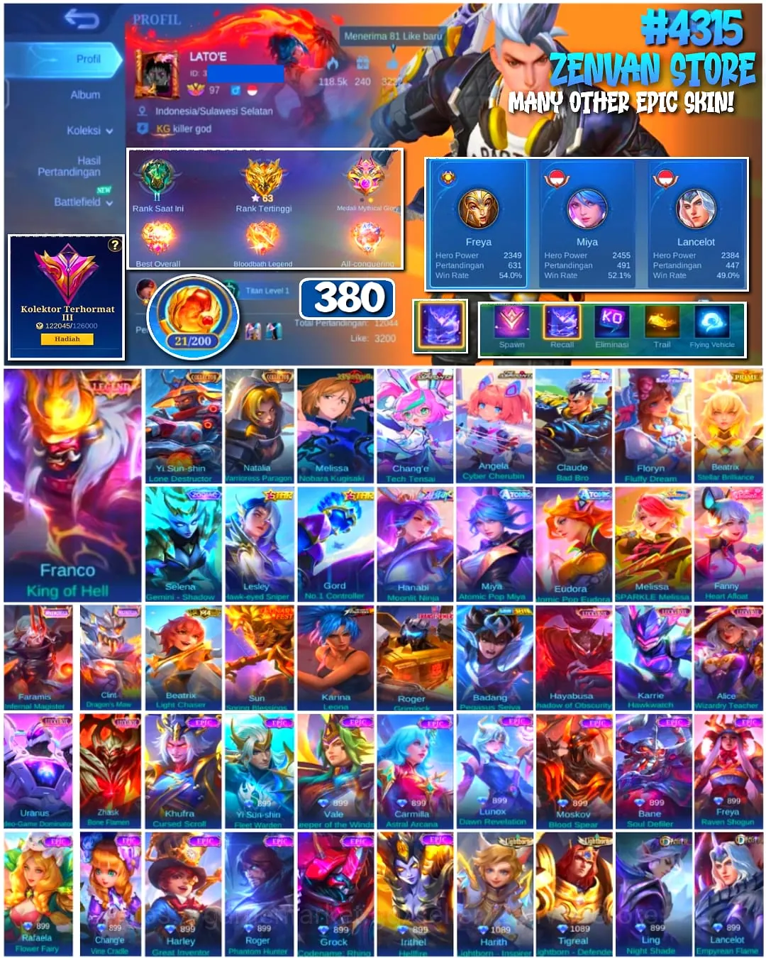 Mobile Legends: Bang Bang Accounts #4315 380 Skins | Franco King of Hell (LEGEND) | Melissa Nobara Kugisaki (JUJUTSU KAISEN 1