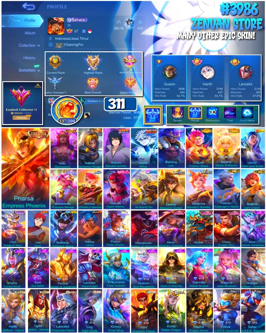 Mobile Legends: Bang Bang Accounts 🔥 #3986 🔥 311 Skins 💎 Exalted Collector IV 👑 Collector Valir Demonlord ⚔️ Collector 1