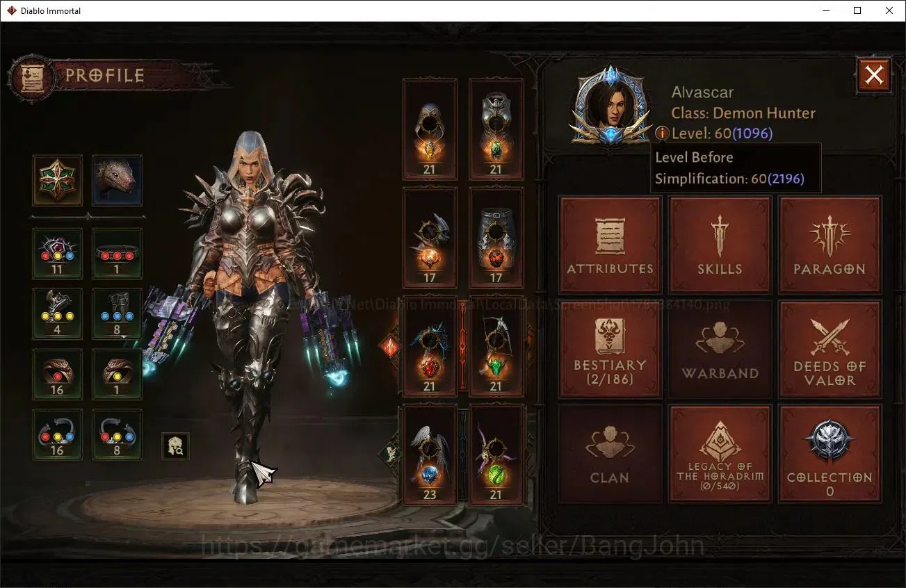 Diablo Immortal Accounts Starter Oce-Azmodan|60(1096)Demon Hunter-Slinger|CR47702|Reso 450|Inverno 5|Lv.30 Quakestrider|CS 1