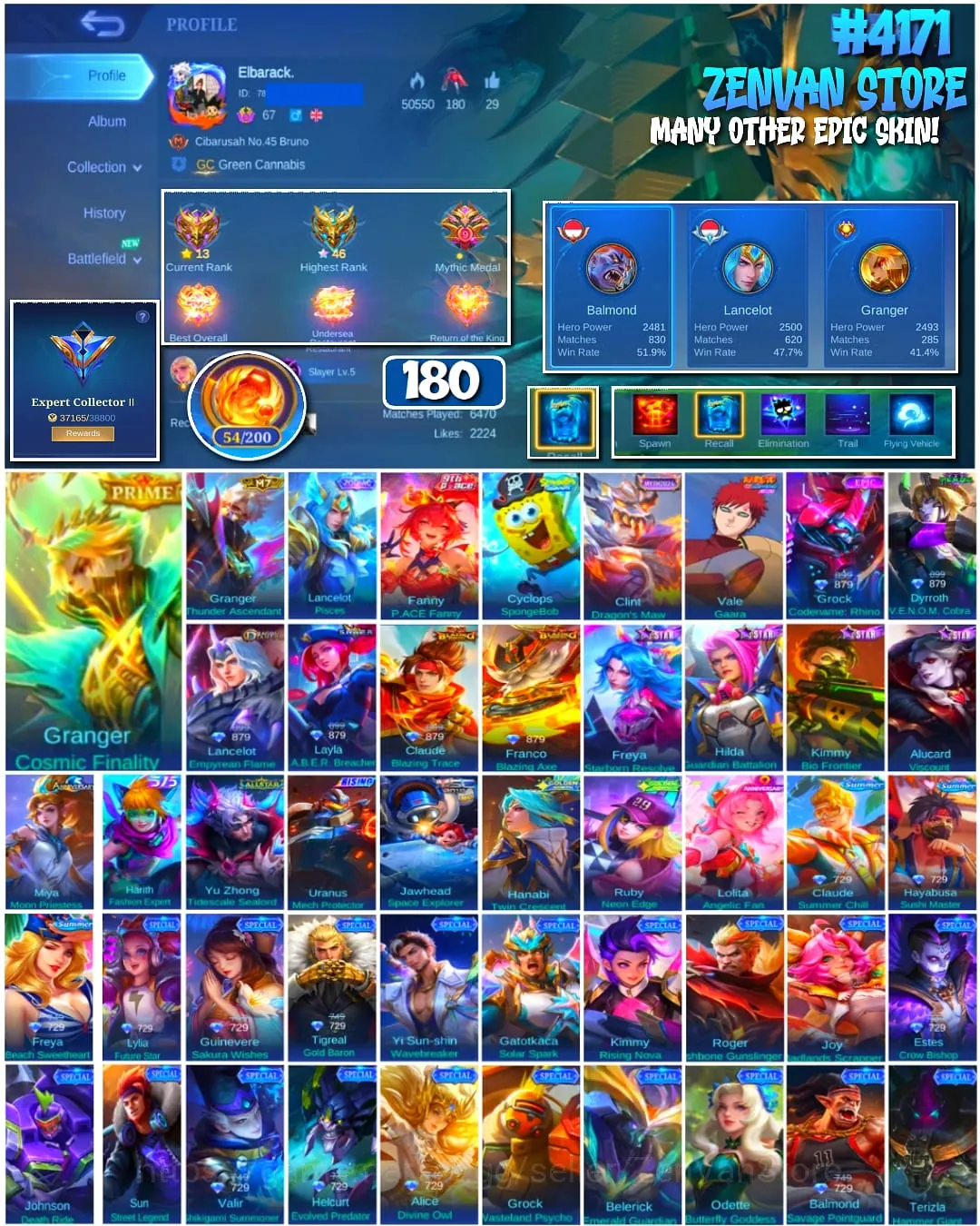 Mobile Legends: Bang Bang Accounts 🔥 #4171 🔥 💎 180 Skins 👑 Naruto Vale Gaara ⚔️ Collector II ⭐ SpongeBob Cyclops 1