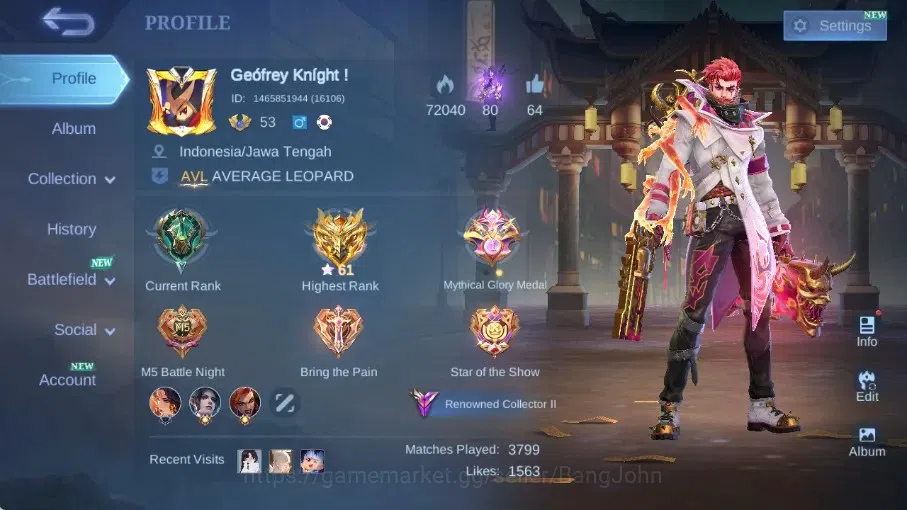 Mobile Legends: Bang Bang Accounts Collector Global|Skin 239|Renowned|Exorcist Granger,PRIME Yu Zhong,Collector 1