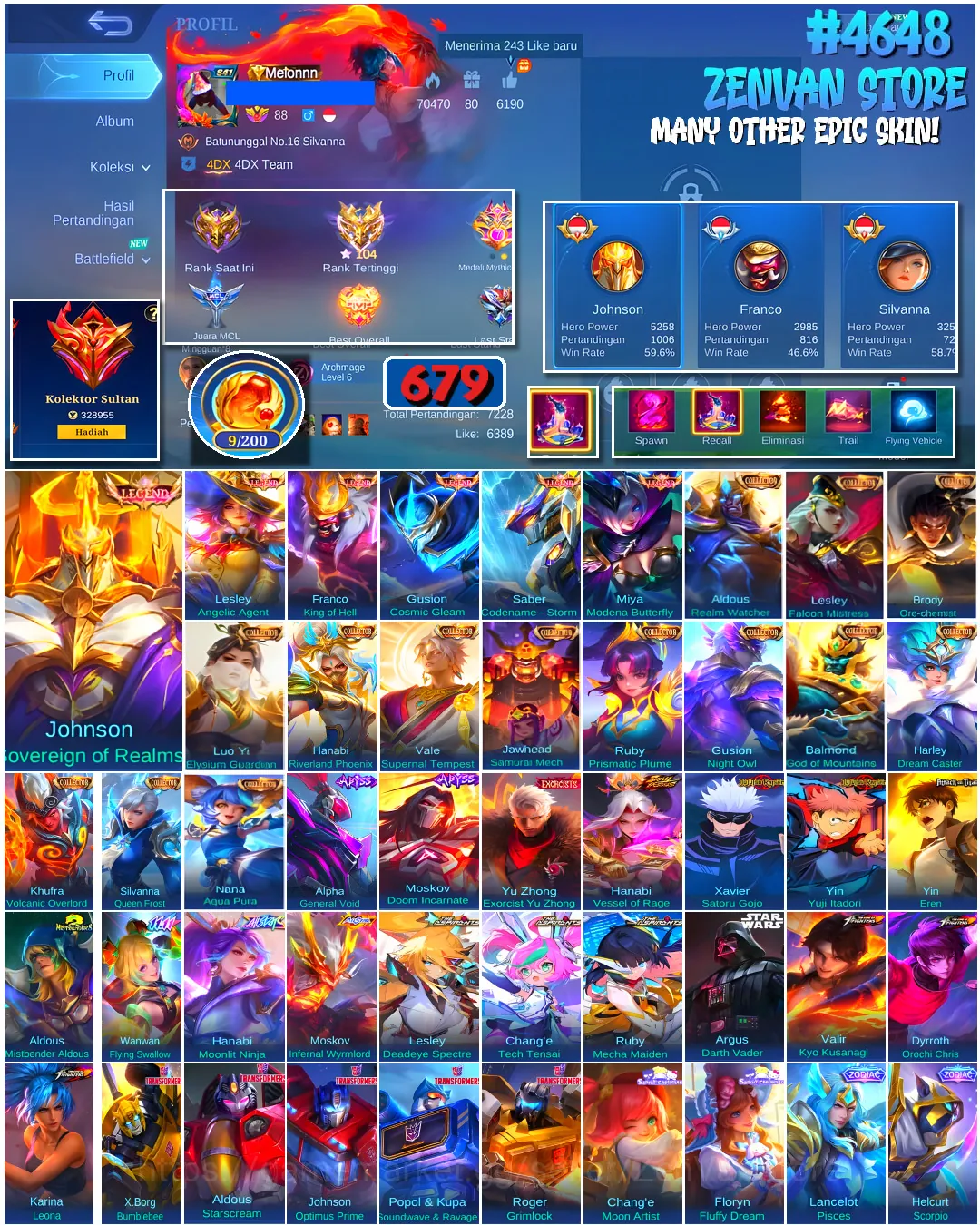 Mobile Legends: Bang Bang Accounts #4648 679 Skins | Franco King of Hell (LEGEND) | Gusion Cosmic Gleam (LEGEND) | Johnson 1