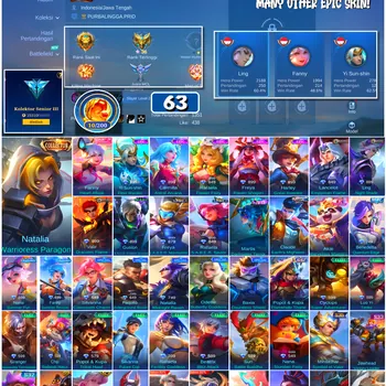 Mobile Legends: Bang Bang Accounts #4718 63 Skins | Natalia Warrioress Paragon (COLLECTOR) | Carmilla Astral Arcana (EPIC