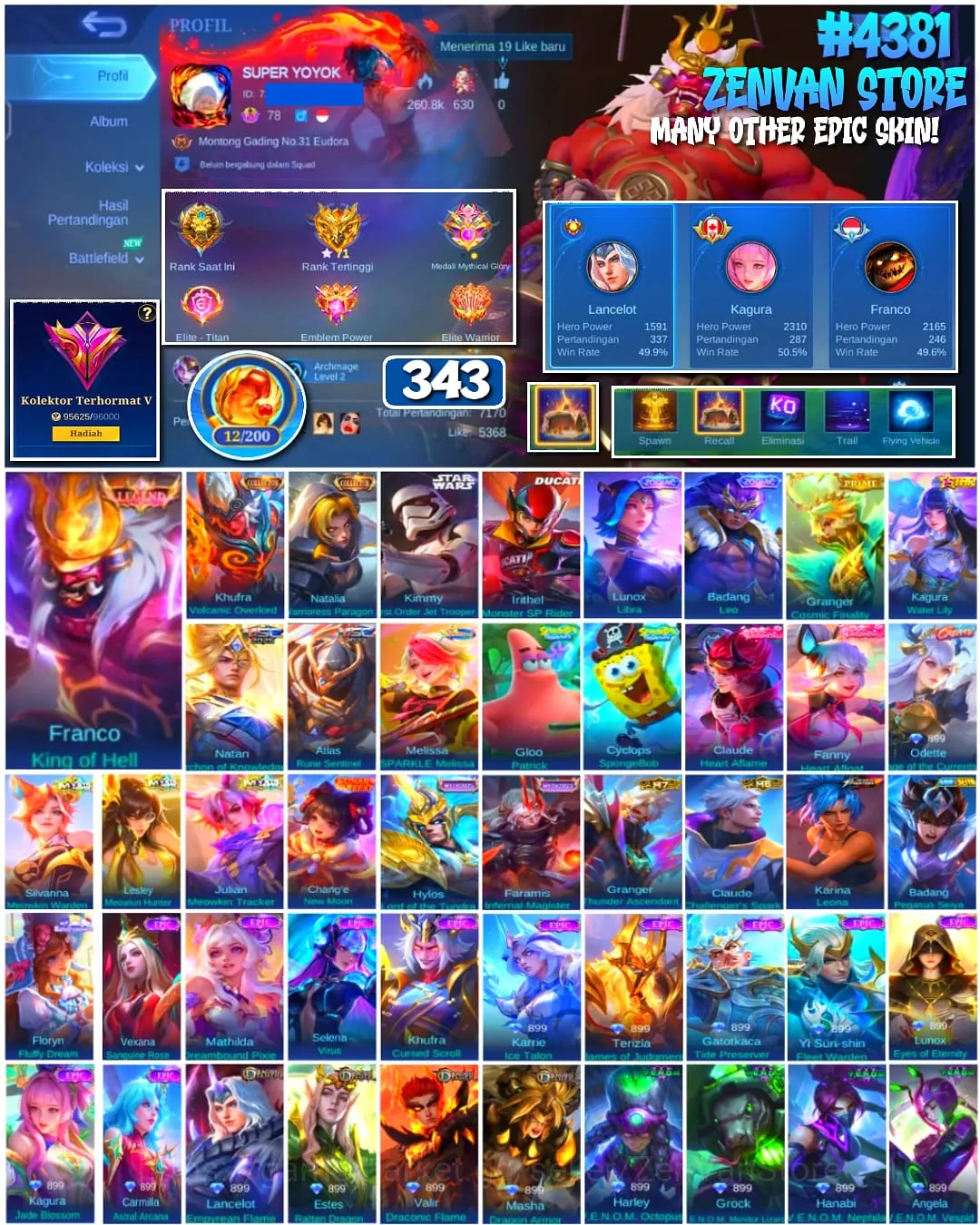 Mobile Legends: Bang Bang Accounts #4381 343 Skins | Franco King of Hell (LEGEND) | Karina Leona (KOF) | Badang Pegasus 1