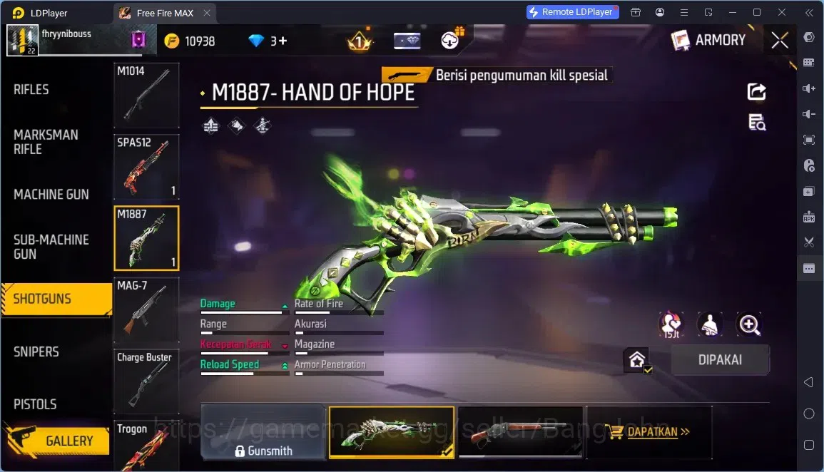Free Fire Accounts Indonesia | M1887- HAND OF HOPE | Backpack Spookster | Weapon 22 Skin | Check SS FF812B 2