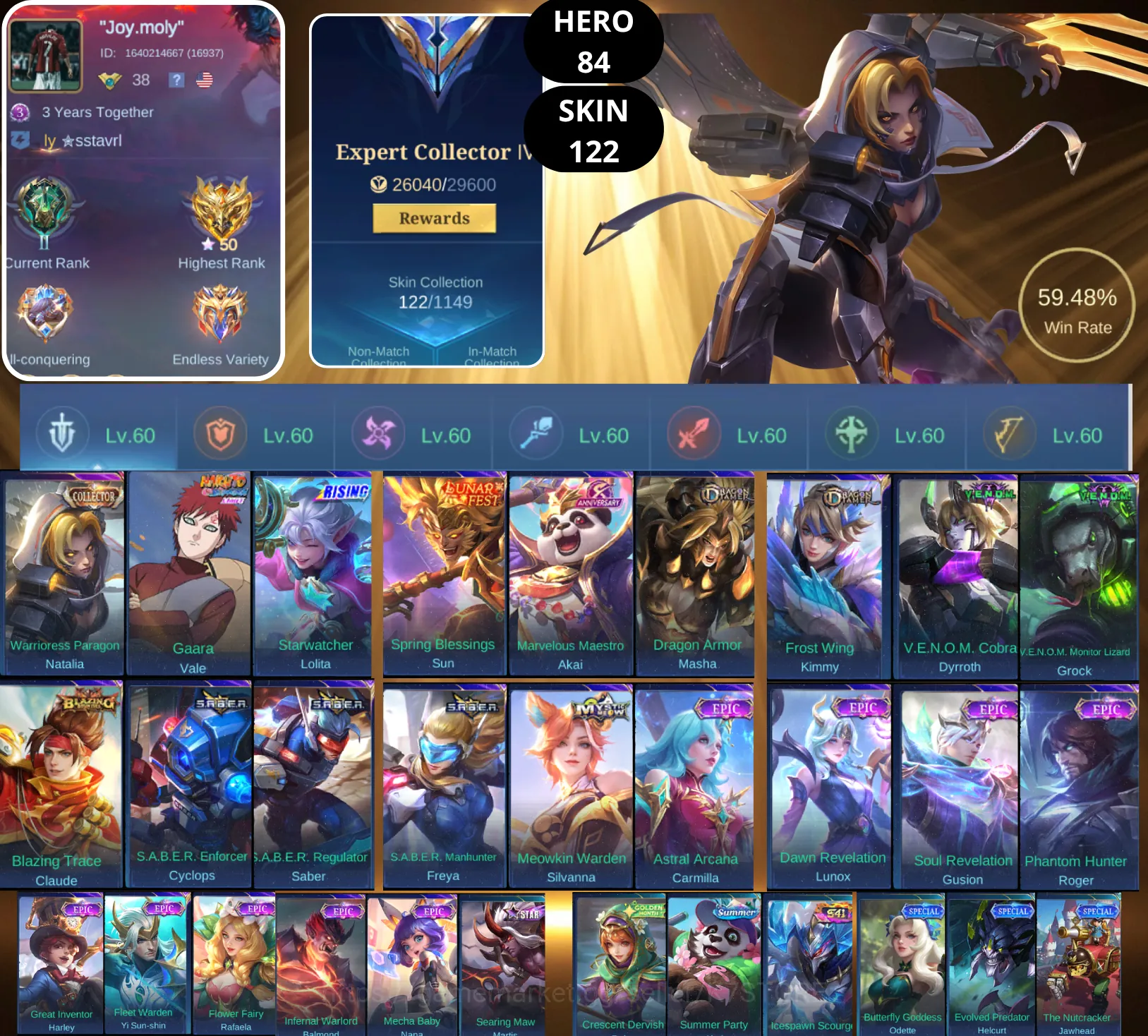 Mobile Legends: Bang Bang Accounts Smurf BEST OFFER | HERO 84 | SKIN 122 | WARRIORESS PARAGON NATALIA | GAARA VALE 1