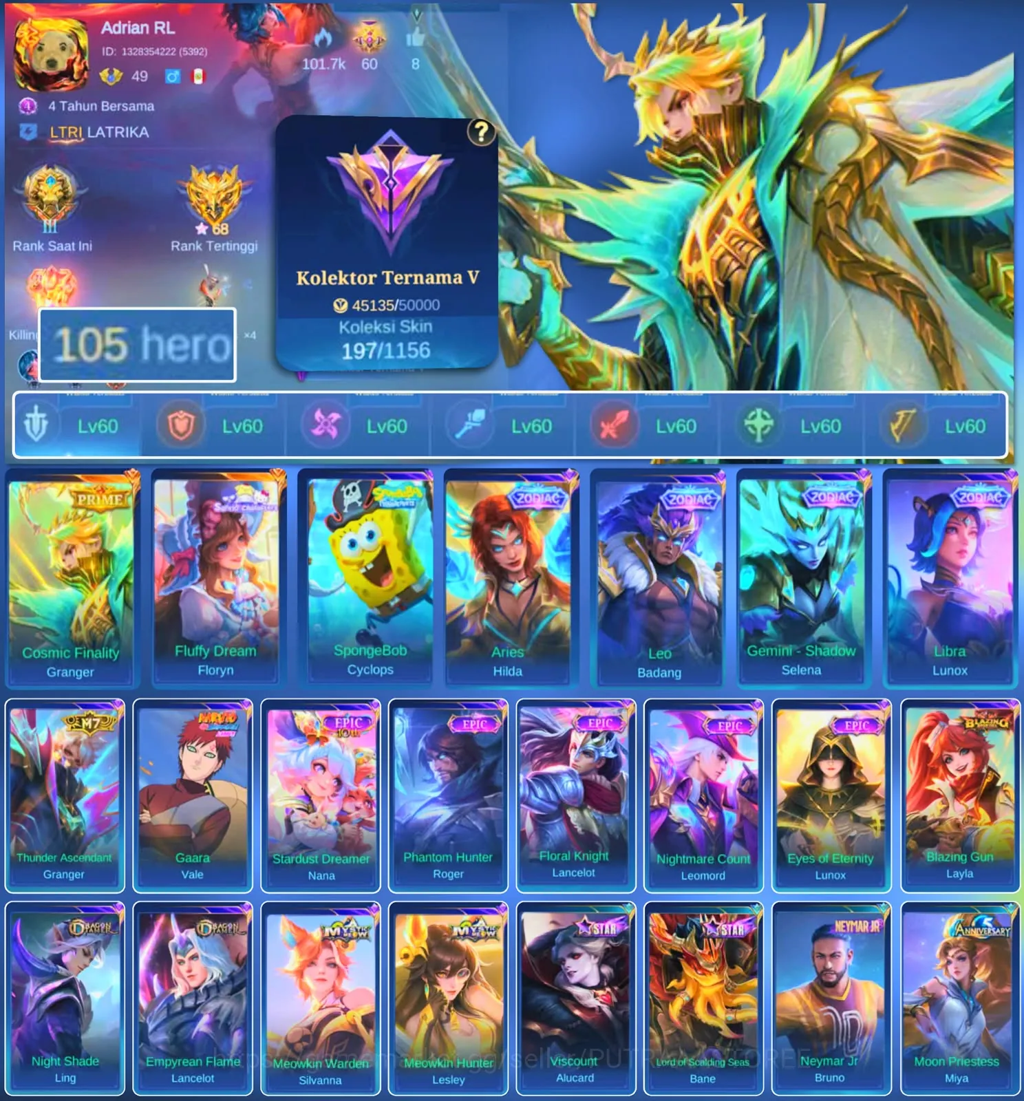Mobile Legends: Bang Bang Accounts Rare Skin HERO 105 SKIN 197 | EMBLEM ALL MAX| PRIMER GRENGER| DM 129 | FLUFF DREAM 1