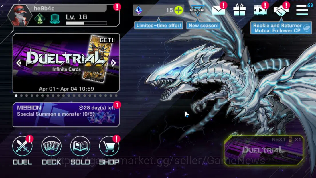 Yu-Gi-Oh! Master Duel Accounts Lv 18 | 20 Deck |VSK9,Radiant Typhoon,Dracotail,Yu image 1
