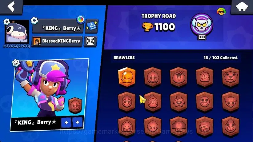 Brawl Stars Accounts 1100 Trophy|18 Brawlers 4 Max Lv [MR P,Bo,Edgar,Shelly]|1 Buffies|2 Epic Skins [Stellar Shelly] 1 SR|3K 10
