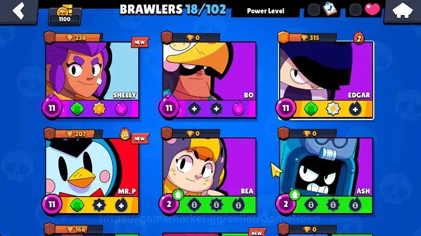 Brawl Stars Accounts 1100 Trophy|18 Brawlers 4 Max Lv [MR P,Bo,Edgar,Shelly]|1 Buffies|2 Epic Skins [Stellar Shelly] 1 SR|3K 3